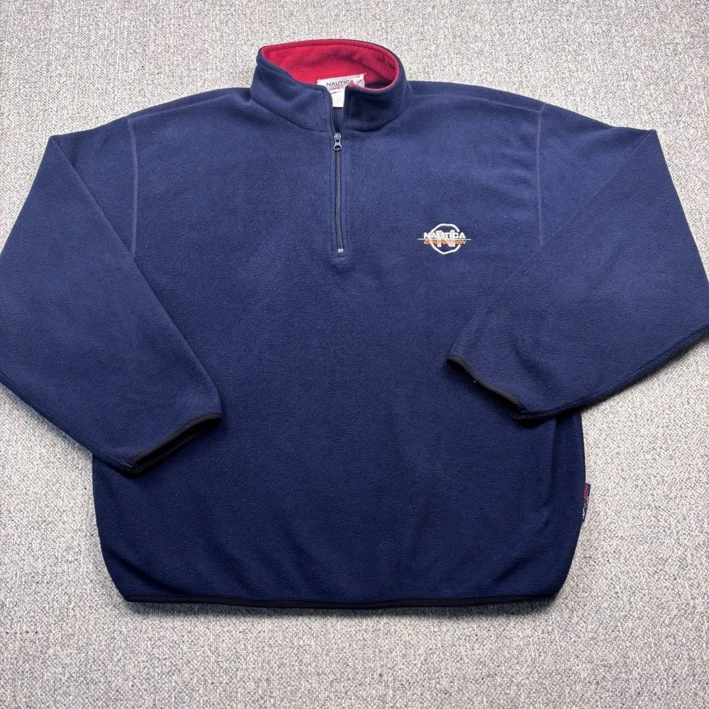 Nautica Competition VTG Mens L‎ 1/4 Zip Fleece Jacket Navy Blue Spellout 1990s